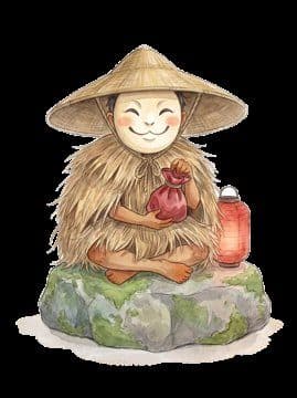 戴斗笠、坐在石頭上的小精靈