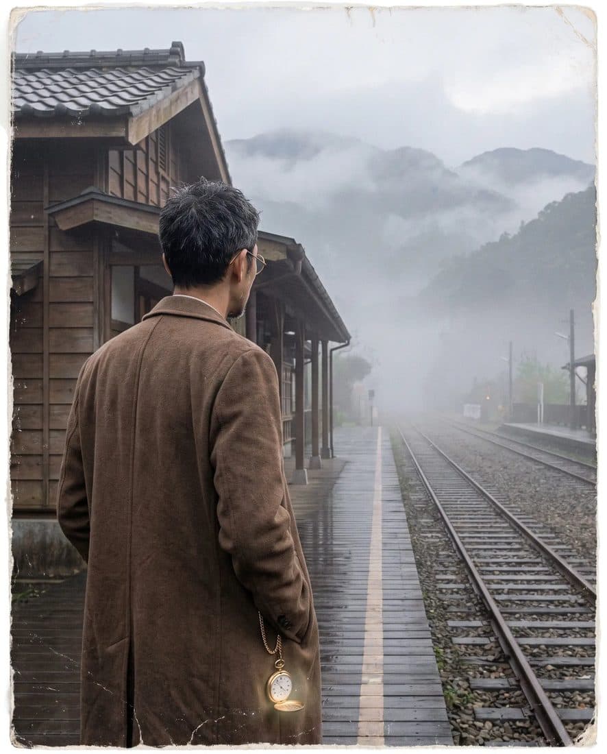 霧中車站,提著燈的男人